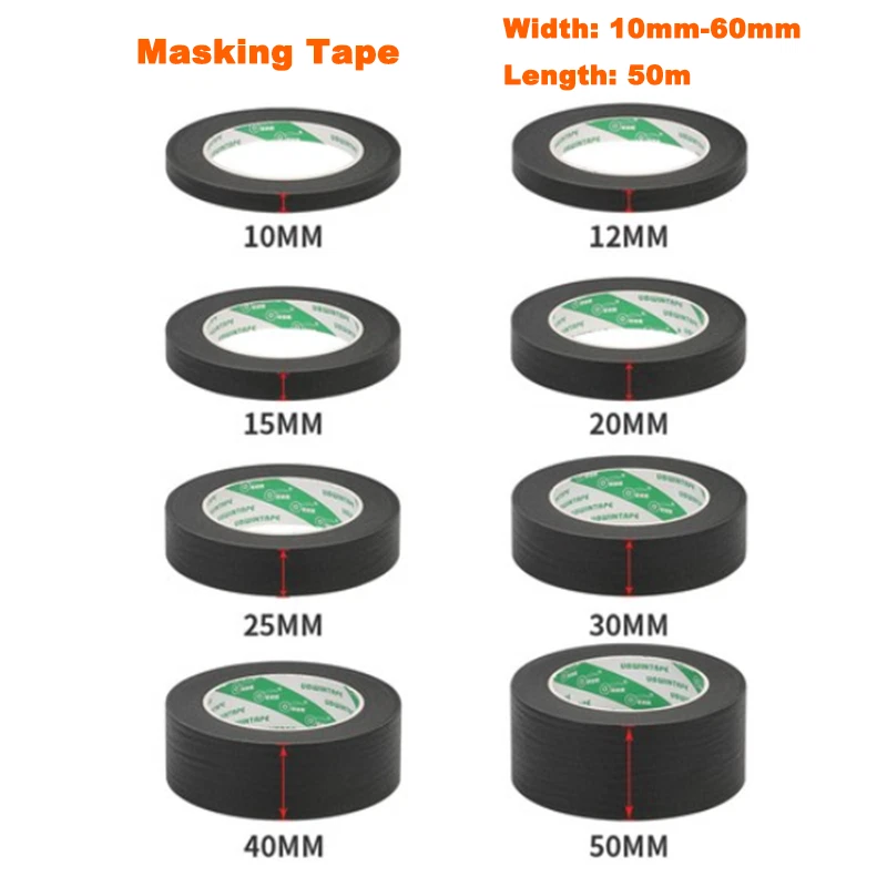 10mm-60mmx 50m Black Masking Tape DIY Craft Painting Tear Fast High Adhesive